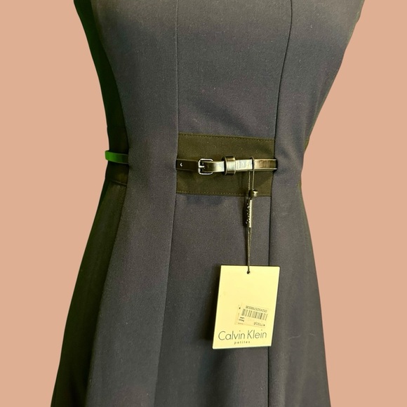 NWT Calvin Klein Fit & Flare Colorblock Belted Dress in Navy Blue & Black Stripe - Picture 6 of 16